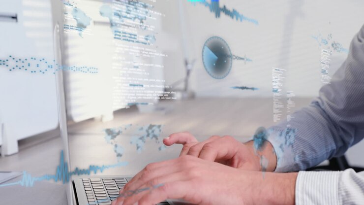 Animation of radars, maps, soundwaves and computer language over caucasian man working on laptop