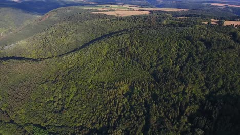 High flying drone aerial view of a forest overgrown hill bird eye