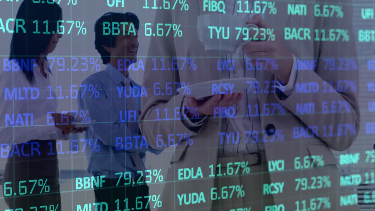 Animation of financial data processing over business people in meeting