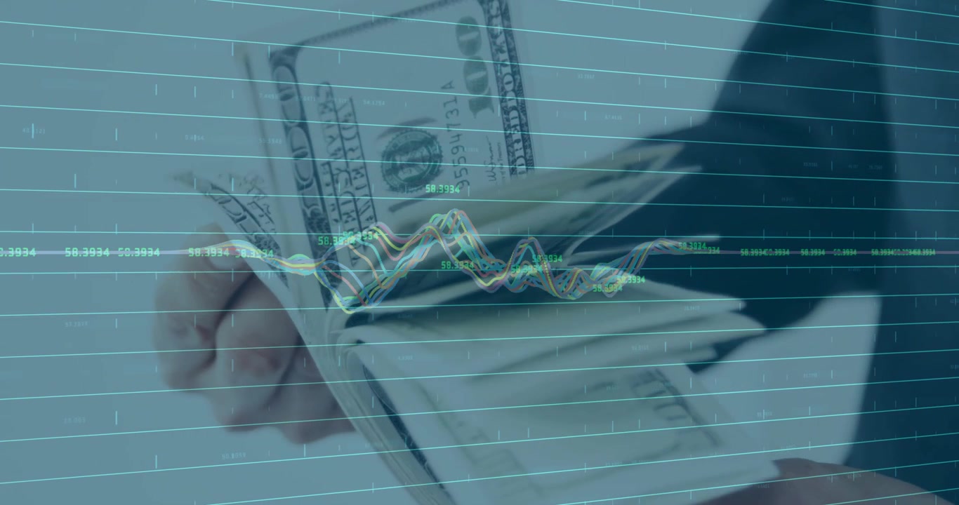 Teller penger, animasjon av finansgraf over hender som holder dollarregninger.