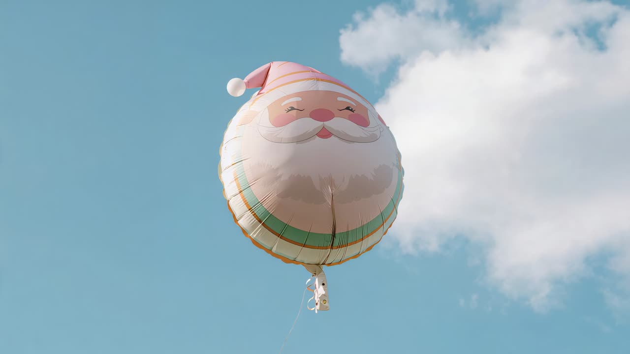 Palloncino a forma di Babbo Natale sollevato da una leggera brezza che sale verso una nuvola in un cielo blu con cavo e etichetta