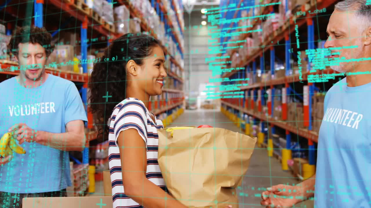 animación del procesamiento de datos sobre diversas personas que trabajan en el almacén