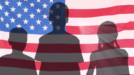 animation of children silhouettes over flag of united states of america