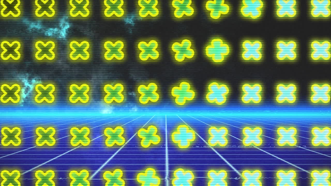 밝은 파란색 위에 노란색 모양의 애니메이션이 다채로운 그리드를 움직입니다.