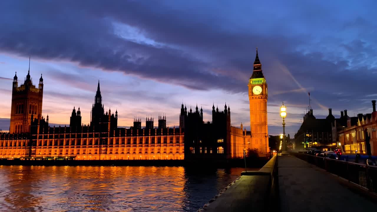 Video al crepuscolo del Big Ben e del Parlamento illuminati, ripreso dal basso attraverso il Tamigi