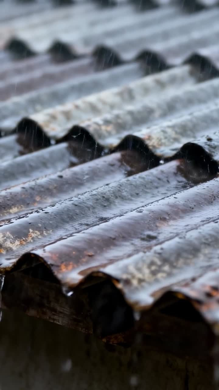 Vertical video: Rain falling corrugated roof panels shedding water at shed eave, showing rust