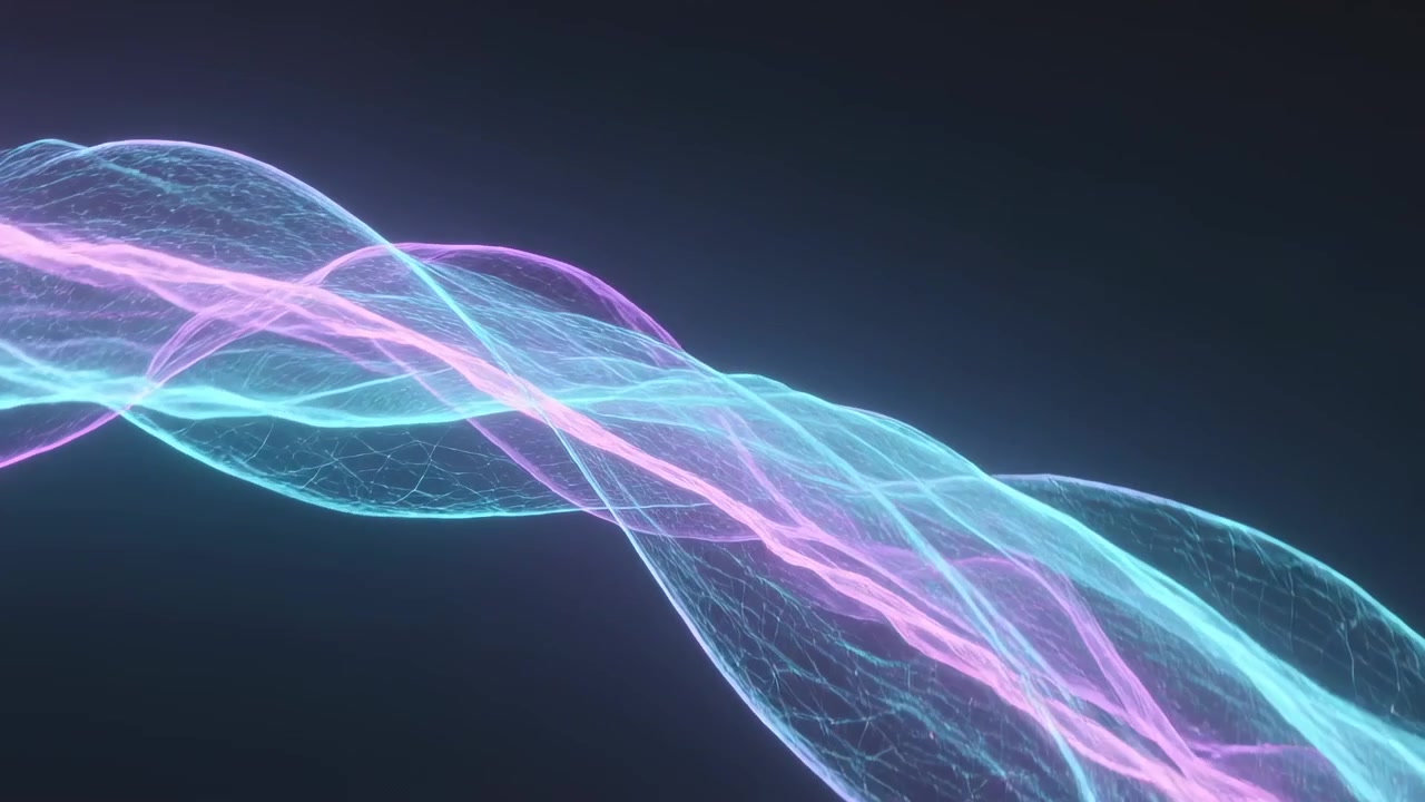 Entering from upper-left pair of cyan and pink ribbons weaving across dark gradient, with mesh glow