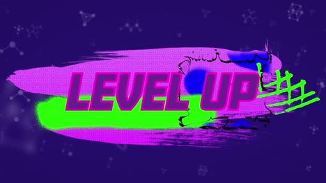 Animation-of-level-up-text-over-colorful-shapes-and-graphics-on-blue-background