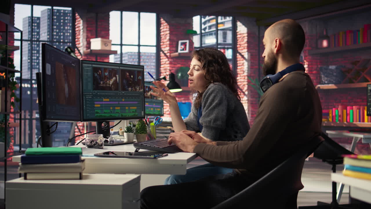 Video editors couple working as a team for a freelance video shoot