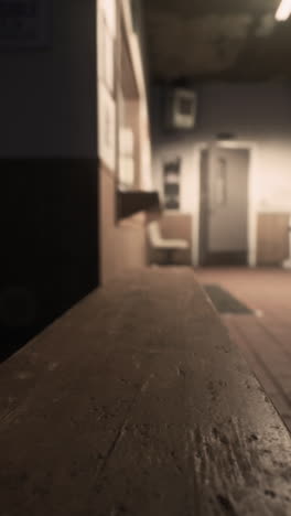 a wooden bench in a waiting room