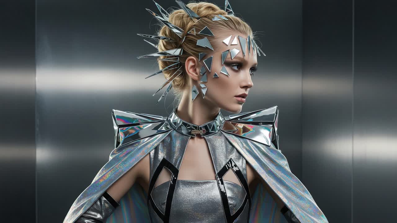Servizio fotografico di moda futuristico con una modella in abbigliamento metallico e accessori unici appuntiti, catturata in un ambiente moderno ed elegante, che emana uno stile audace e sicurezza.
