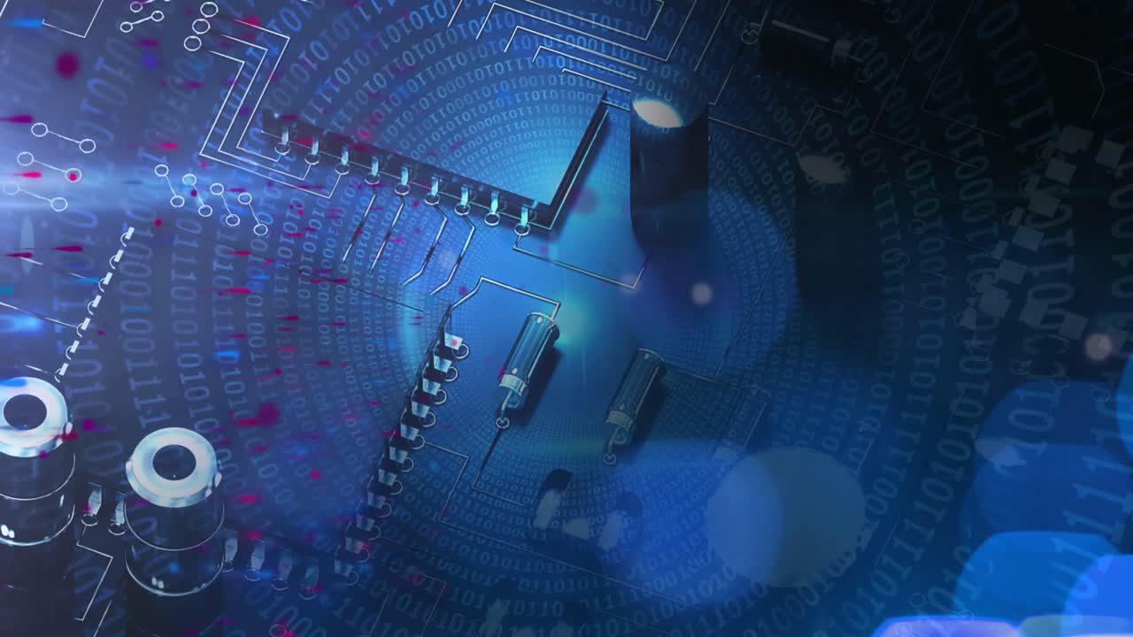 Animation of blue and red dots over motherboard