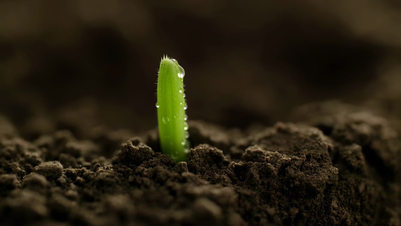 Singola piantina verde lucida che emerge da una stretta fessura nel terreno, con goccioline d'acqua che aderiscono al germoglio liscio, caratterizzata da una texture terrosa, sfocatura morbida, contrasto caldo e un'atmosfera di calma rinascita.