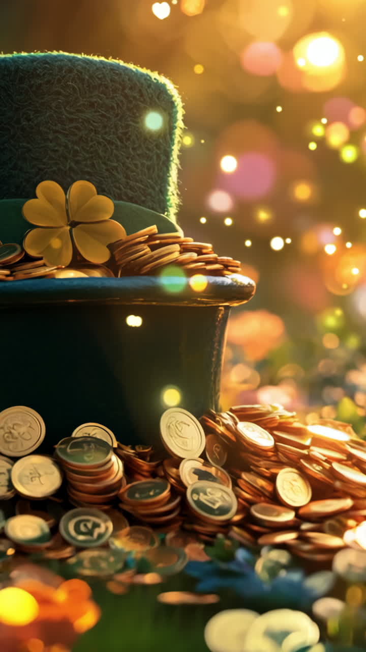 A green hat with a shamrock on it sits on a pile of gold coins. The scene is set in a field of flowers, creating a peaceful and whimsical atmosphere