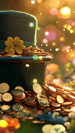 a green hat with a shamrock on it sits on a pile of gold coins. the scene is set in a field of flowers, creating a peaceful and whimsical atmosphere