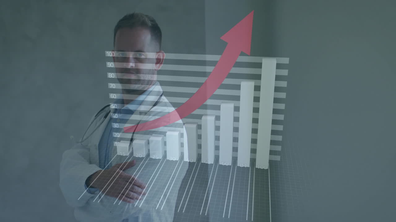 Doctor analyzing data in health clinic, projecting holographic bar chart with rising red arrow