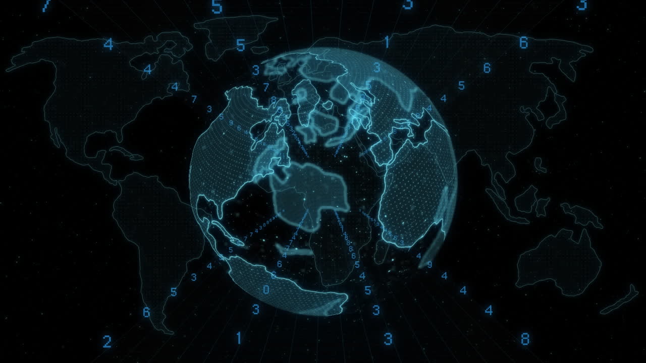 Animation of changing numbers over spinning globe and world map against black background