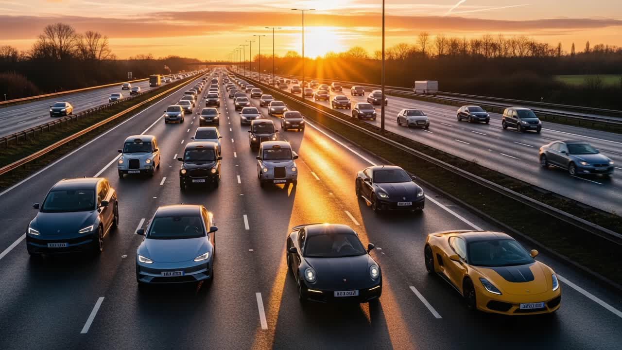 A Scenic Sunset Over a Busy Highway Filled with Diverse Vehicles, Capturing the Essence of Modern Transportation and Evening Commutes in Motion