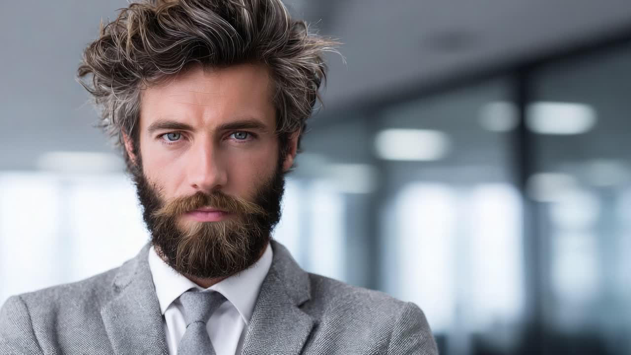 A Professional Man with a Stylish Beard Showing Intense Emotions in Changing Expressions Captured at a Modern Office Setting