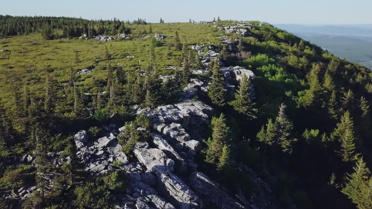 rocas escarpadas y pinos en el borde de la montaña órbita aérea dolly sods cinematográfico 4k