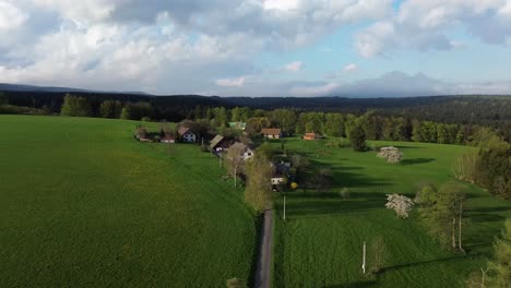 Vista-De-Algunas-Casas-Entre-Los-Prados-Cerca-Del-Bosque.