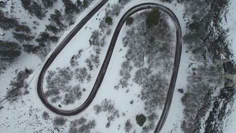 Birds-Eye-View-of-the-Historic-Columbia-River-Highway's-curvy-feature,-Rowena-Crest,-on-Oregon-on-a-snowy-January-day