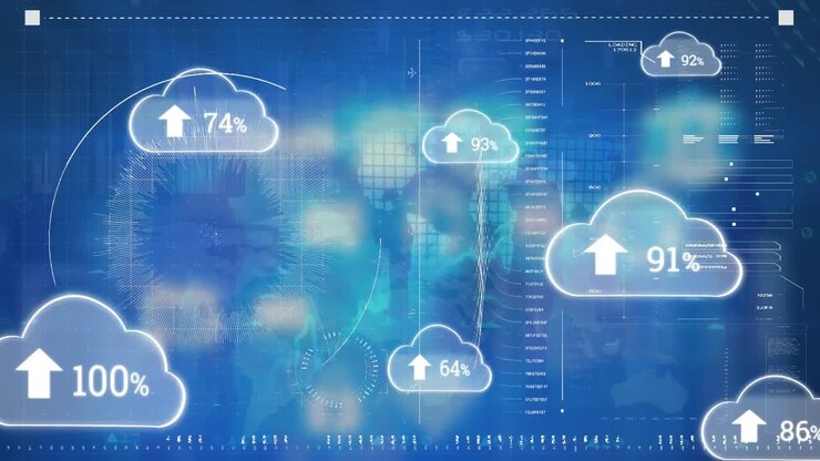 Animation af flere skyikoner med stigende procentdel mod interface med databehandling