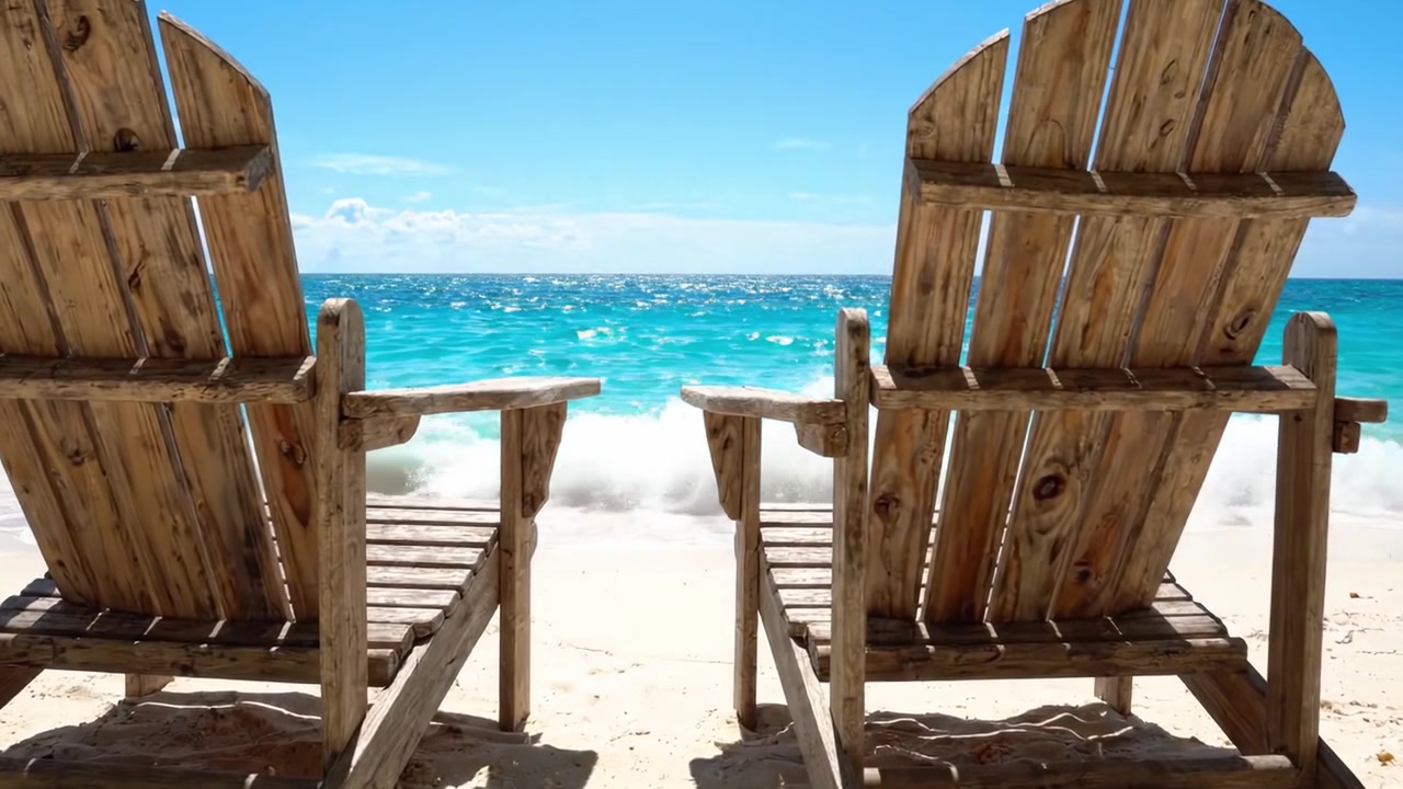 Entspannende Gelassenheit: Zwei Holz-Strandstühle mit Blick auf einen ruhigen Ozean, die an einem wunderschönen sonnigen Tag am Strand Ruhe und Erholung versprechen.