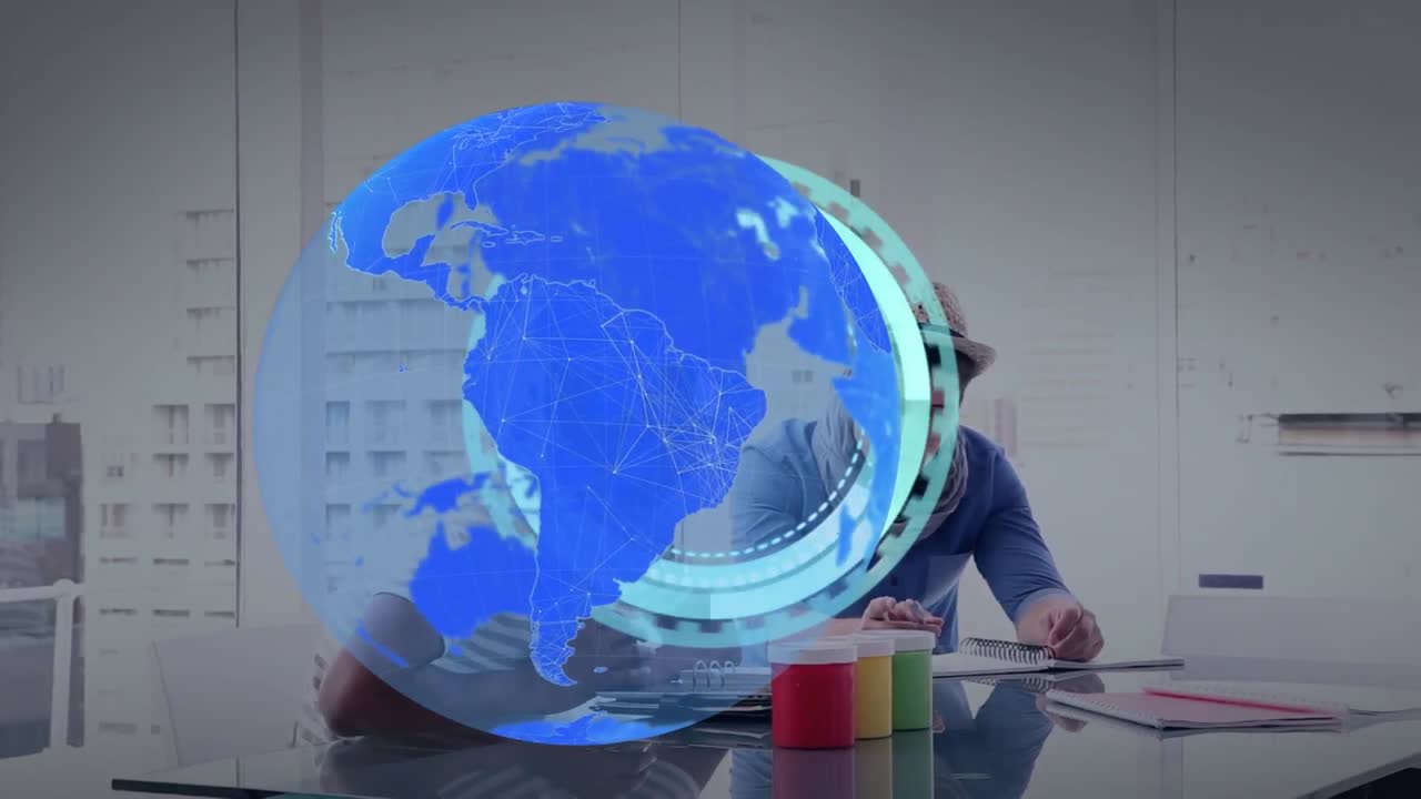 전 세계 네트워크와 스캐너의 애니메이션은 사무실에서 다양한 동료에 대한 시계 처리 데이터를 가지고 있습니다.