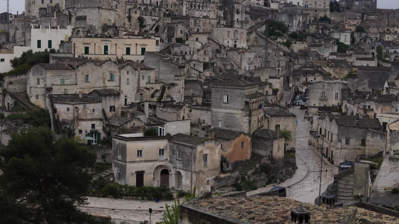 Old Historical city center of Matera on rainy weather, Italy, Basilicata