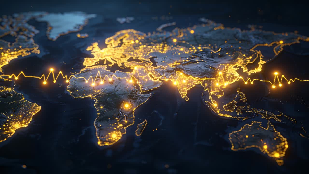 Animating 3D globe after ECG waveform showing, linking peaks to gold nodes over Europe Africa Asia