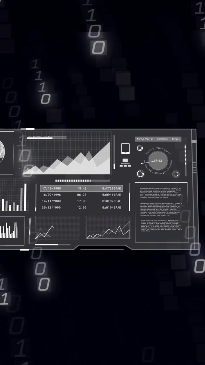 Animation of binary coding over data processing and diagrams with globe