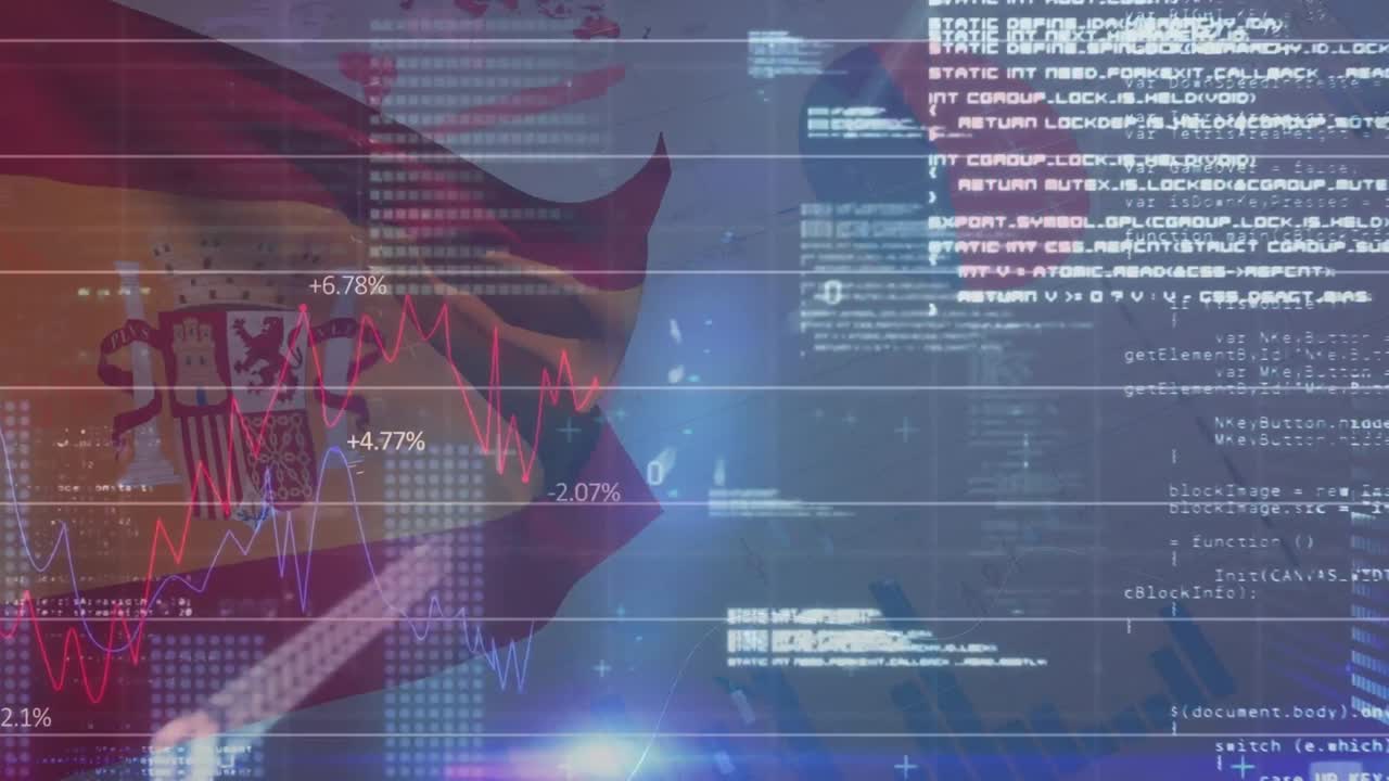 animación del lenguaje informático, códigos binarios, gráficos sobre la bandera de españa y interfaz infográfica