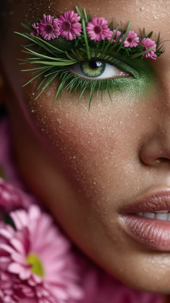 Ritratto ravvicinato di bellezza artistica creativa di donna con ciglia floreali e trucco verde.
