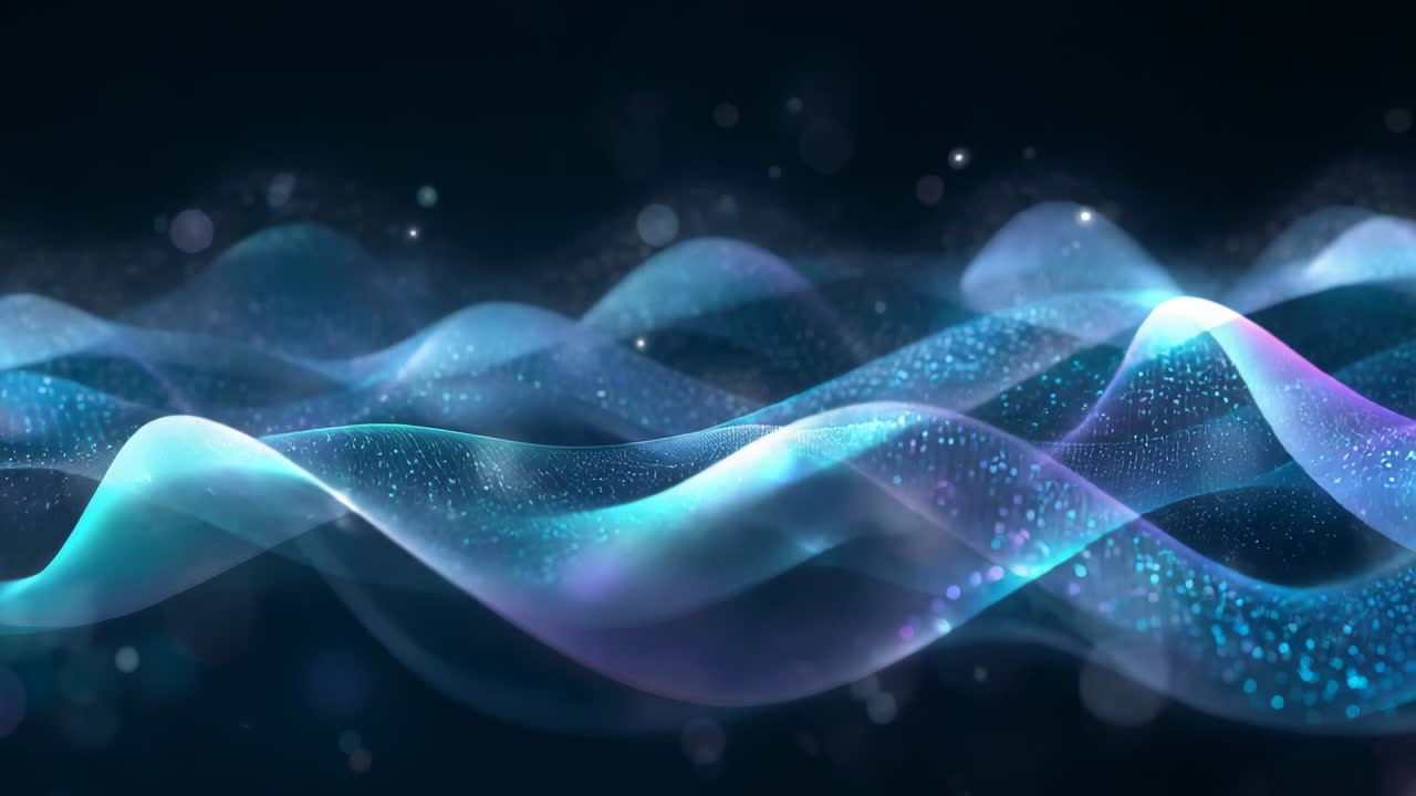Loop starting, flowing translucent ribbons shifting across hazy dark backdrop, emitting particles