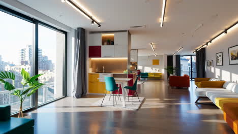 modern open-plan apartment interior with colorful decor and city views