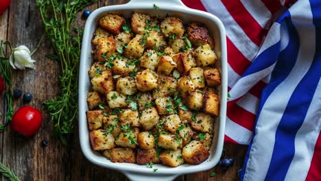 delicious bread pudding with herbs and american flag