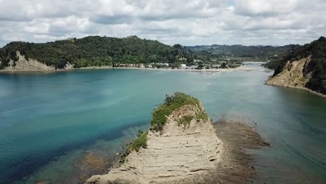 aerial view of an island full of seagulls in the ocean at bay of islands, new zealand