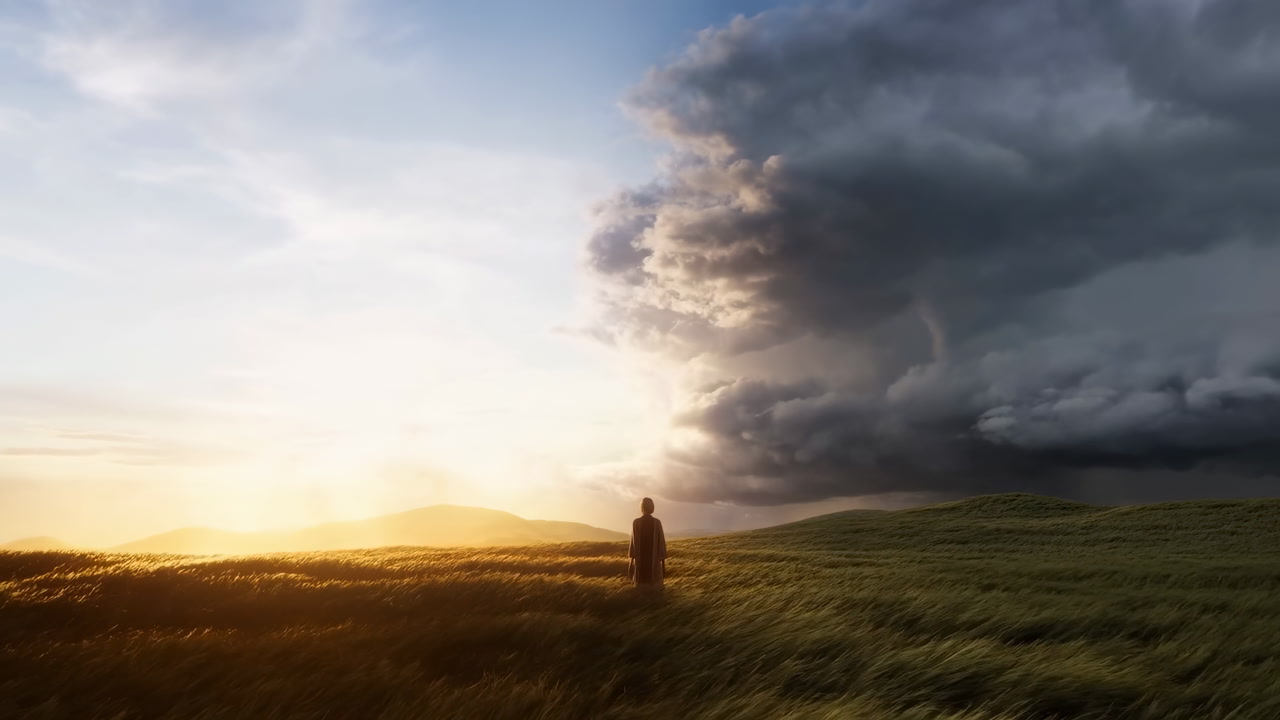 Sunset Storm Clouds Grassland Lone Figure Stands Facing Massive Thunderhead, Wandering Traveler Silhouette