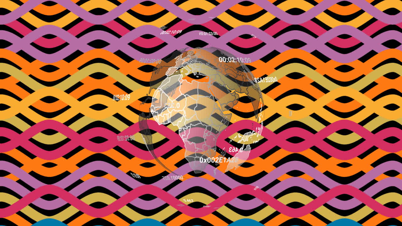 Animation of abstract globe with data points over colorful wavy pattern background