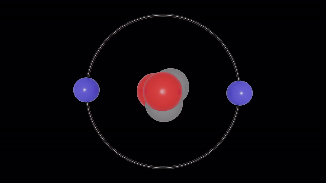 3D animation of a Helium (He) atom in the Bohr model with electron orbits, nucleus, protons and neutrons, energy levels in seamless loop on transparent background. Ideal for STEM education visuals