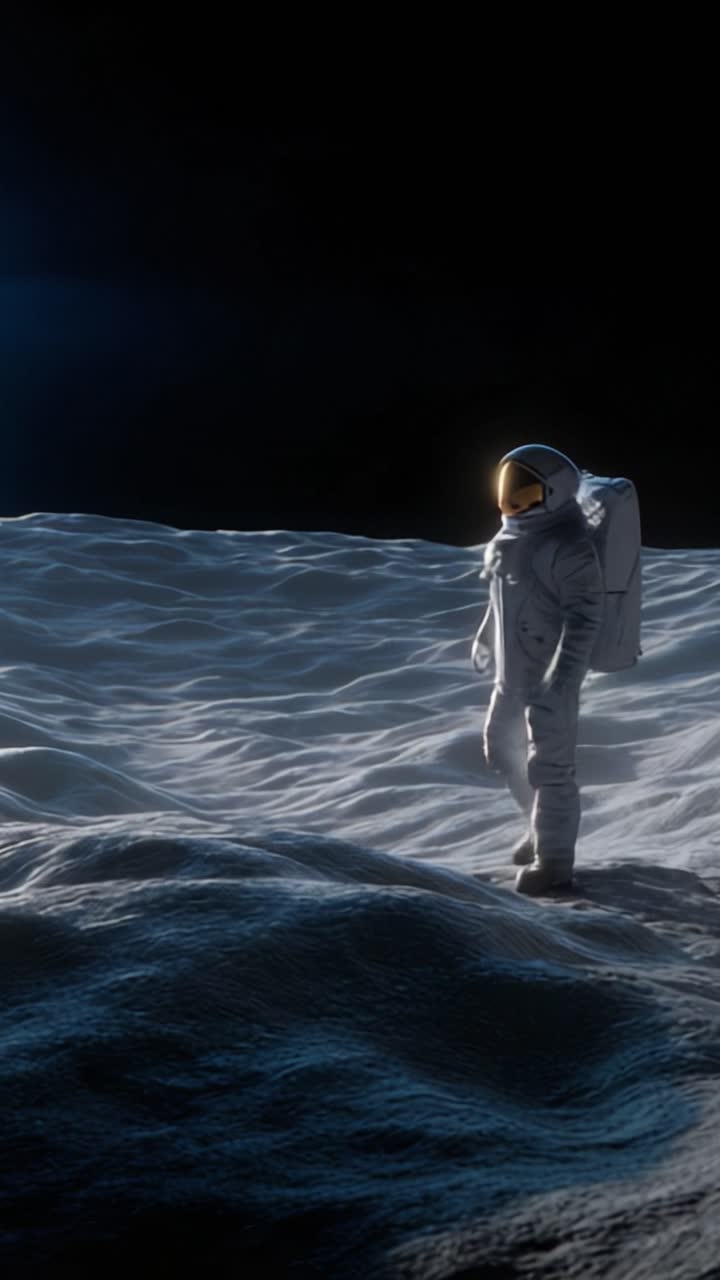 Astronaut Exploring the Moon's Surface: A Journey Through the Lunar Landscape Captured in Stunning Detail with Highlights of a Distant Starry Sky
