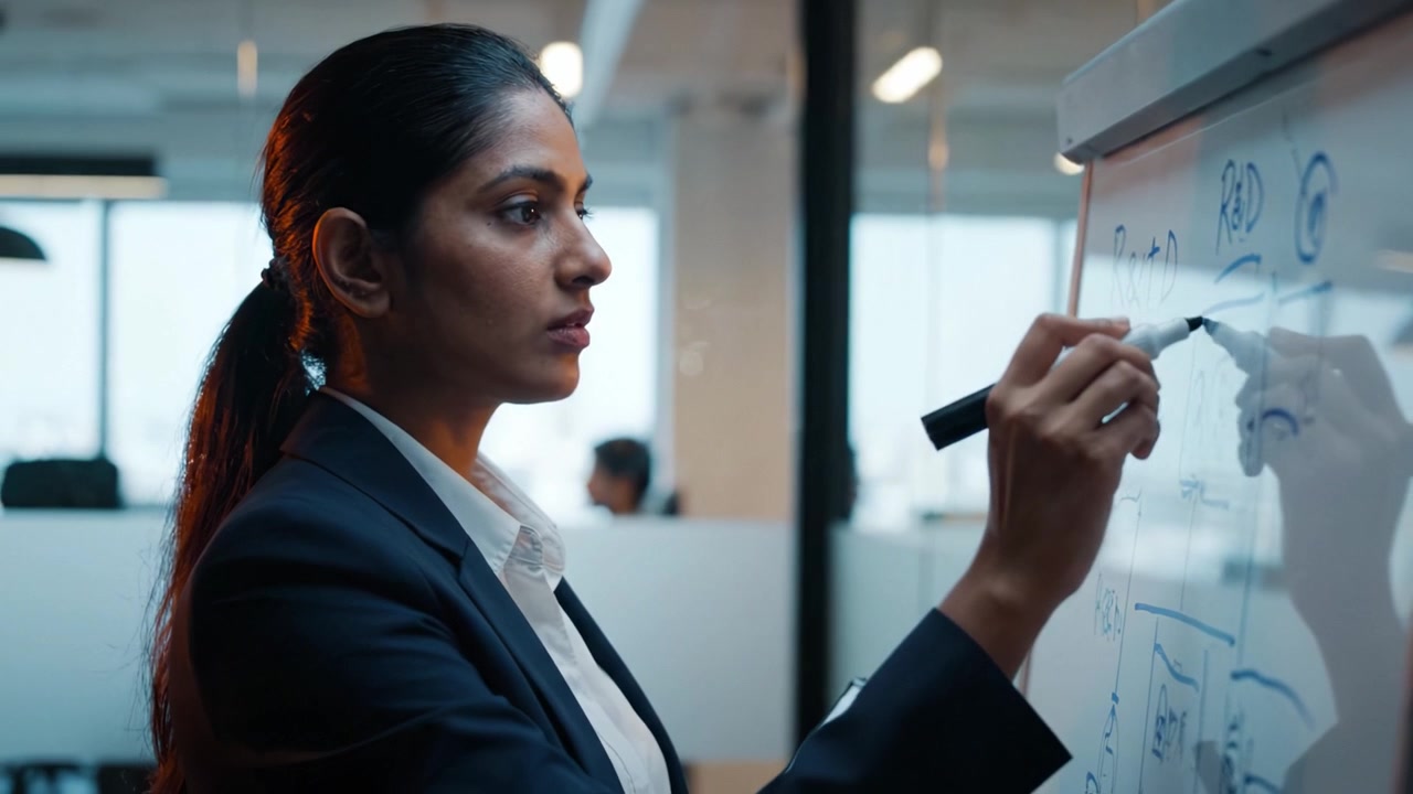 Focused Professional Engaged in a Strategic Planning Session Using a Whiteboard in a Modern Office Environment to Convey Ideas and Collaboration Techniques