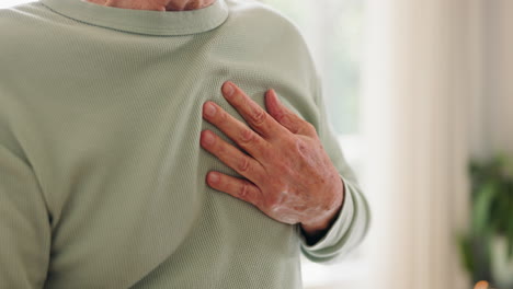 senior, pain and hands of person on chest