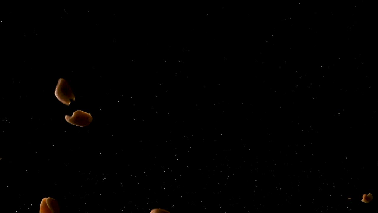 colpo al rallentatore di arachidi salate che cadono sulla fotocamera in uno studio girato con uno sfondo nero