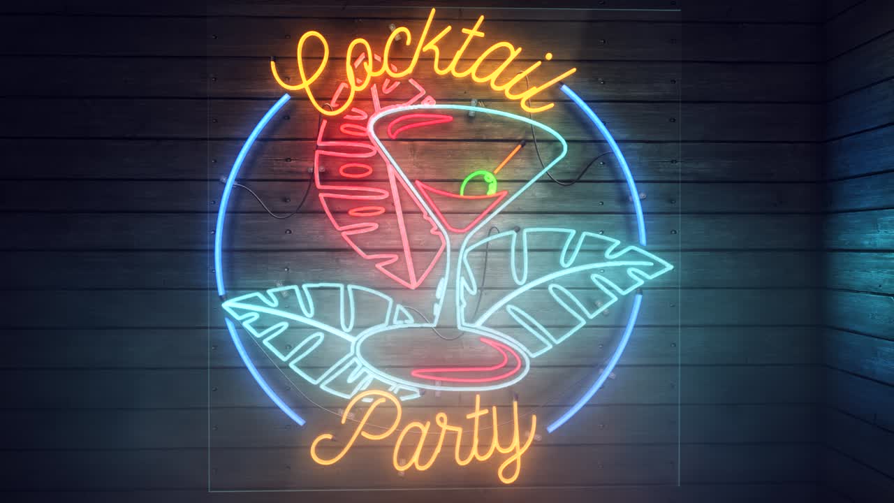 Realistic 3D render of a vivid and vibrant animated neon sign, with the words Cocktail Party, in a smokey interior scene with wood panelled wall background