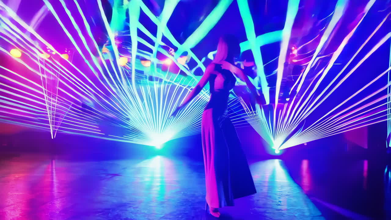 Mujer bailando entre luces láser vibrantes en el escenario