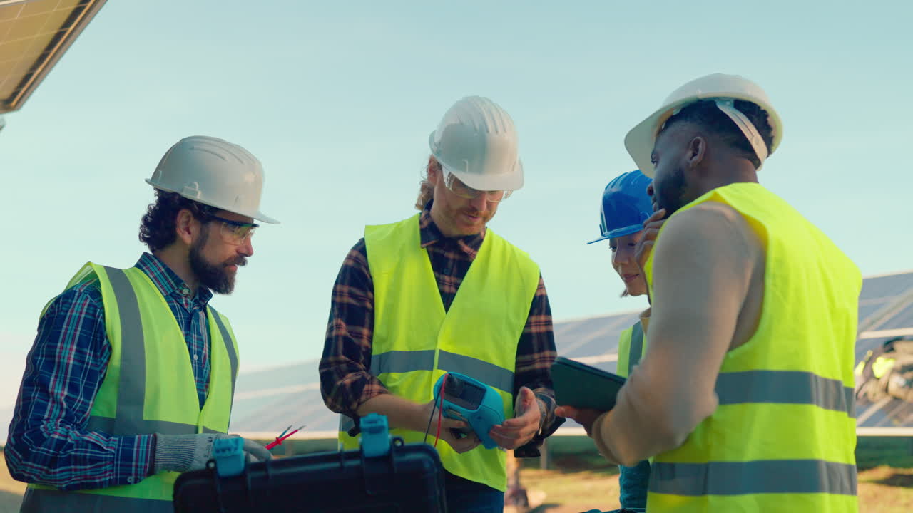 Solar Panel Installation Team Inspecting Solar Farm