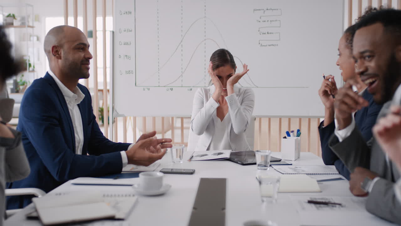 happy business woman crying tears of joy laughing in boardroom meeting enjoying funny joke having fun with colleagues in office