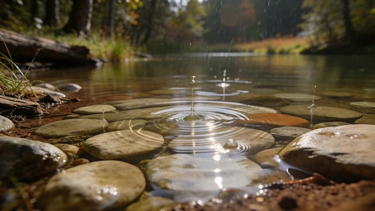 Creating concentric ripples foliage drips striking pale river stones at creek edge